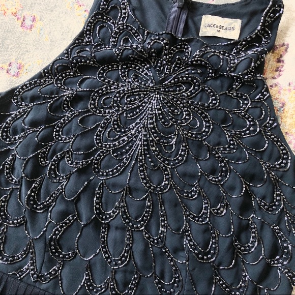Lace & Beads Navy Sequined Mesh Skater Dress - Picture 4 of 5